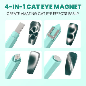 RARJSM 4-in-1 cat eye magnet mint green showing four tips and effects single bar clover wave double bar gourd round shimmer on dark green nails create amazing cat eye effects easily
