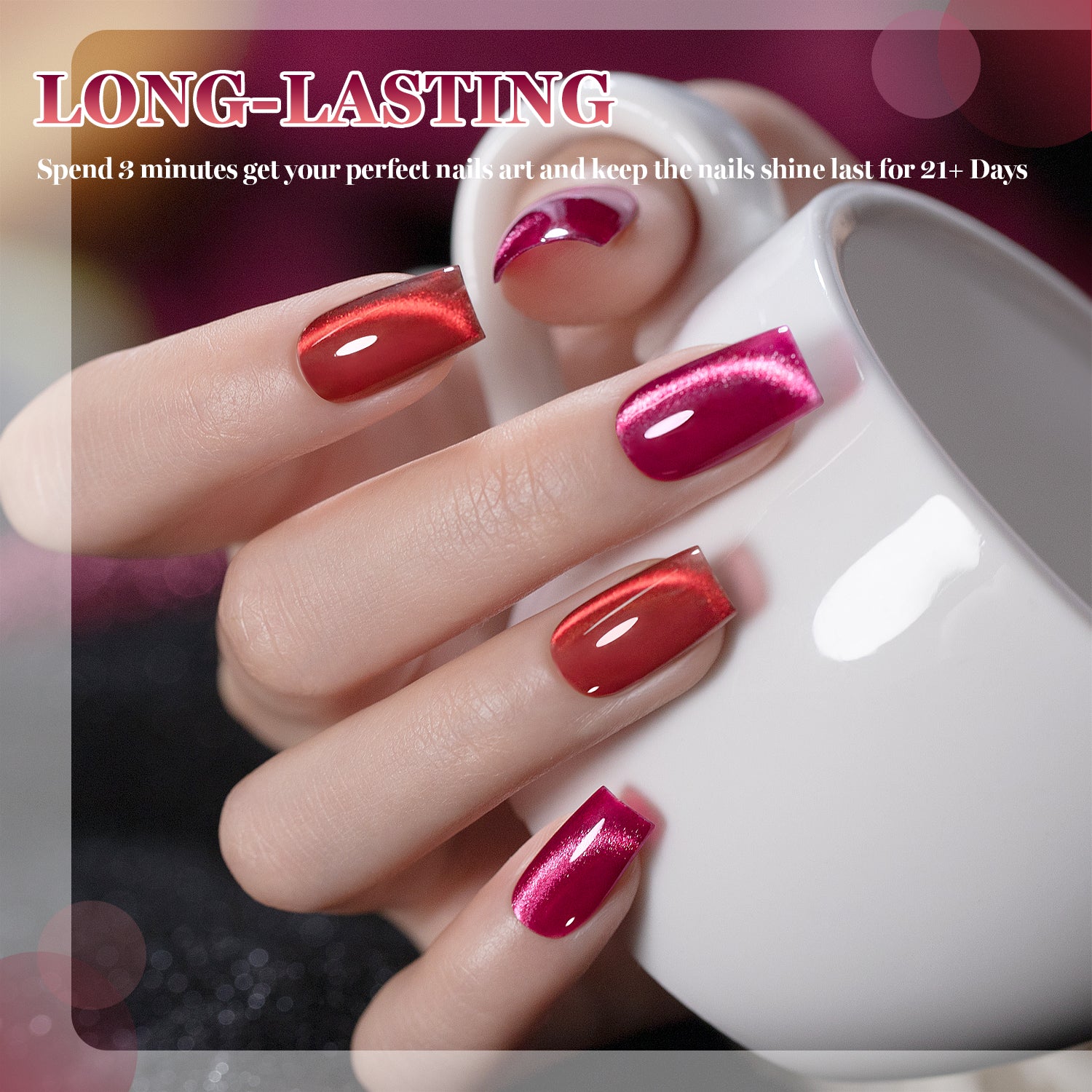 Red magnetic cat eye gel polish on nails long-lasting wear 21 plus days chip-resistant fade-proof
