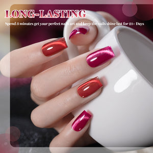 Red magnetic cat eye gel polish on nails long-lasting wear 21 plus days chip-resistant fade-proof
