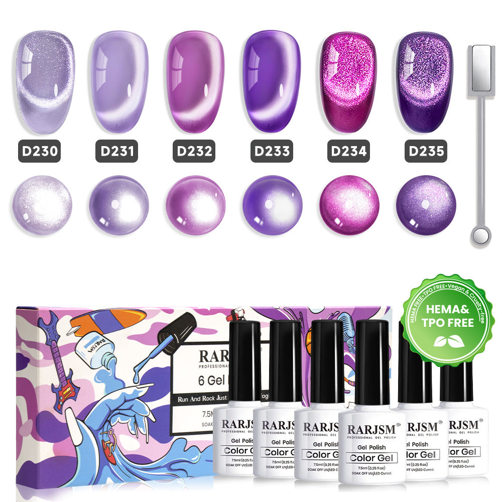 Purple Dream cat eye gel polish 6 colors set 7.5ml D230-D235 HEMA TPO free vegan shimmer magnetic lavender violet
