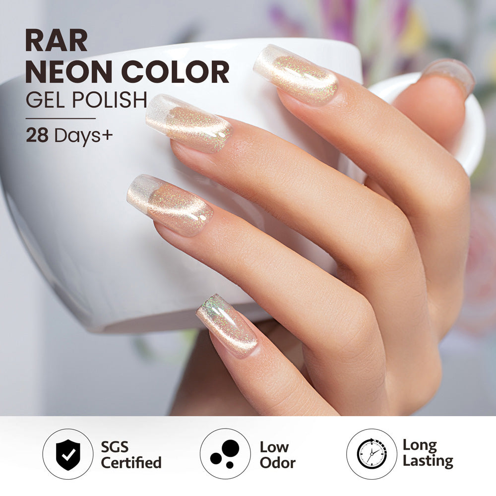Soft shimmer cat eye gel polish on nails 28 days long-lasting dreamy pastel romantic elegant manicure HEMA TPO free
