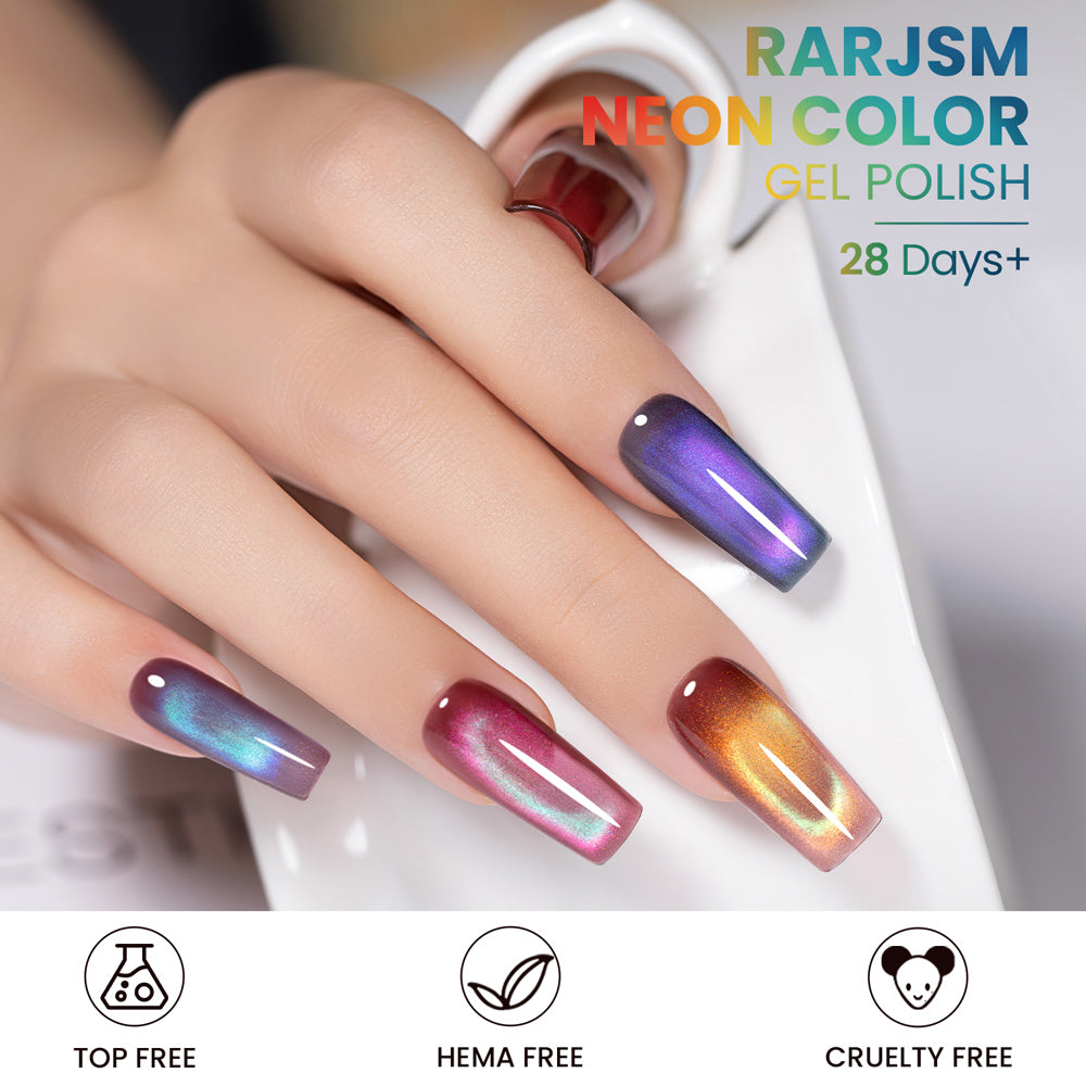 Rainbow cat eye gel polish French tips gradient nail art multicolor shifting hues HEMA TPO free festival unicorn mermaid nails
