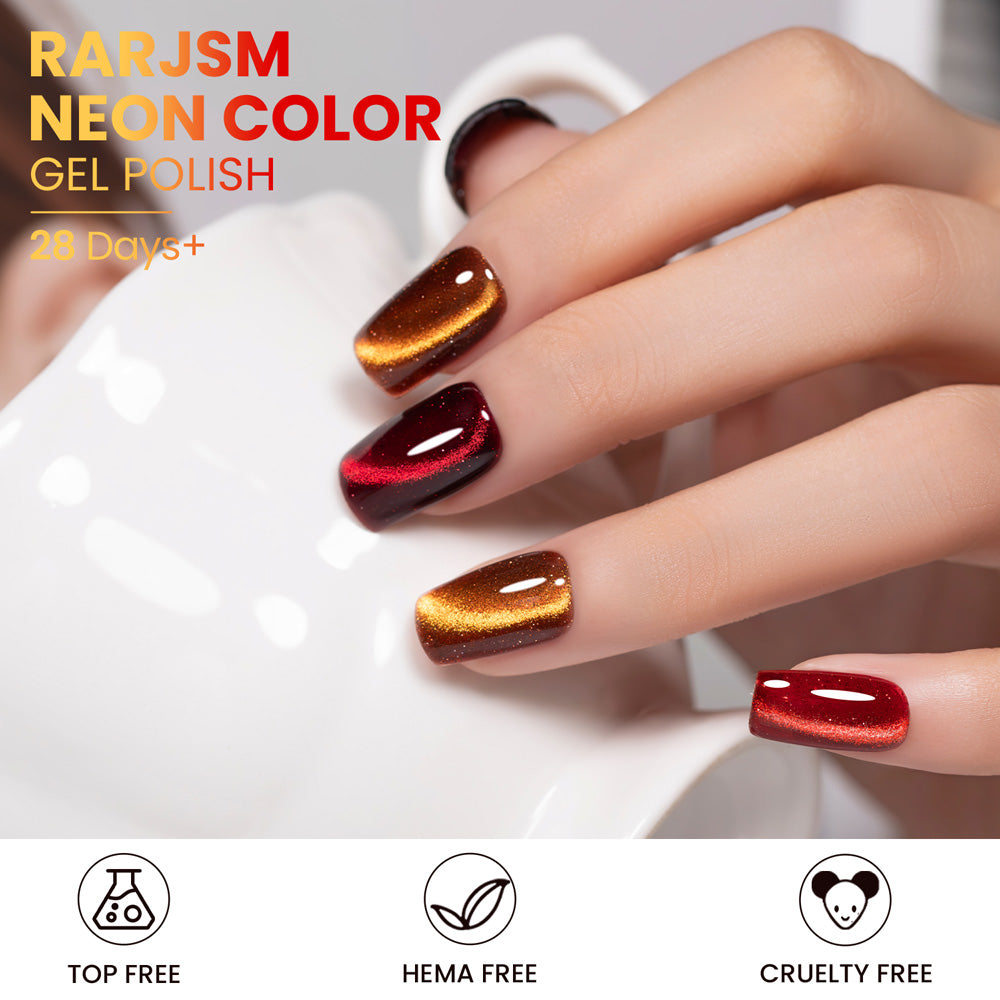 RARJSM neon color gel polish 28 days wear Rock Velvet cat eye metallic shimmer HEMA TPO free vegan
