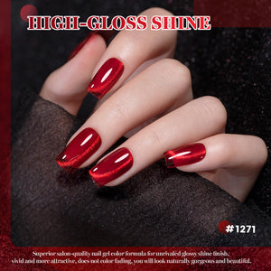 Red glitter cat eye gel polish on square nails high-gloss mirror shine long-lasting 21 days
