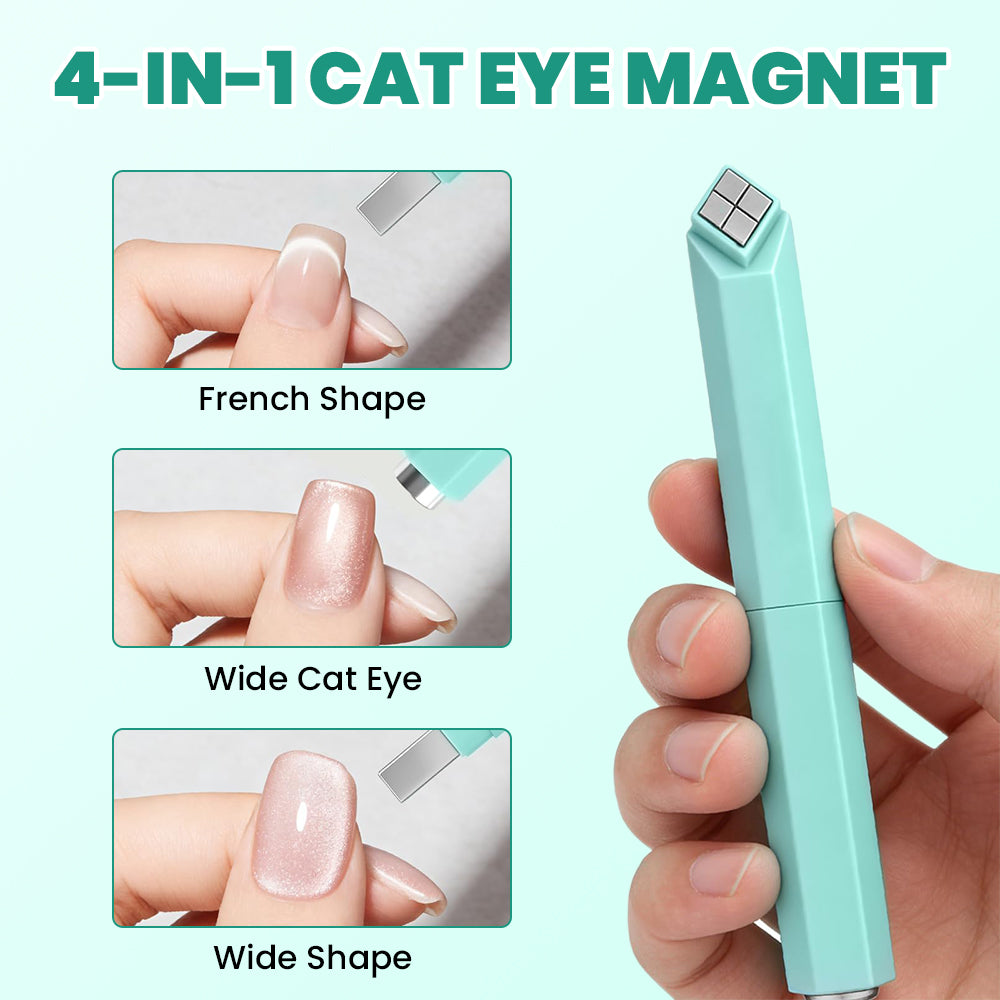 RARJSM pen cat eye magnet mint green hand holding showing French shape wide cat eye wide shape effects three application demonstrations on natural nails
