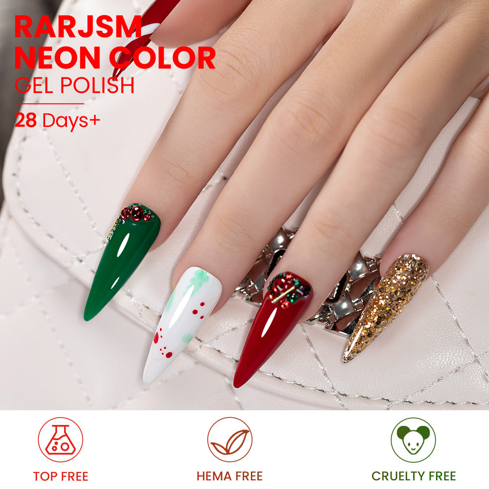 Yuletide Glamour gel polish Christmas nail art red green gold silver glitter festive holiday manicure
