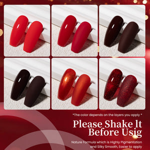 Red burgundy gradient gel polish swatches showing color progression bright crimson to dark chocolate copper shimmer
