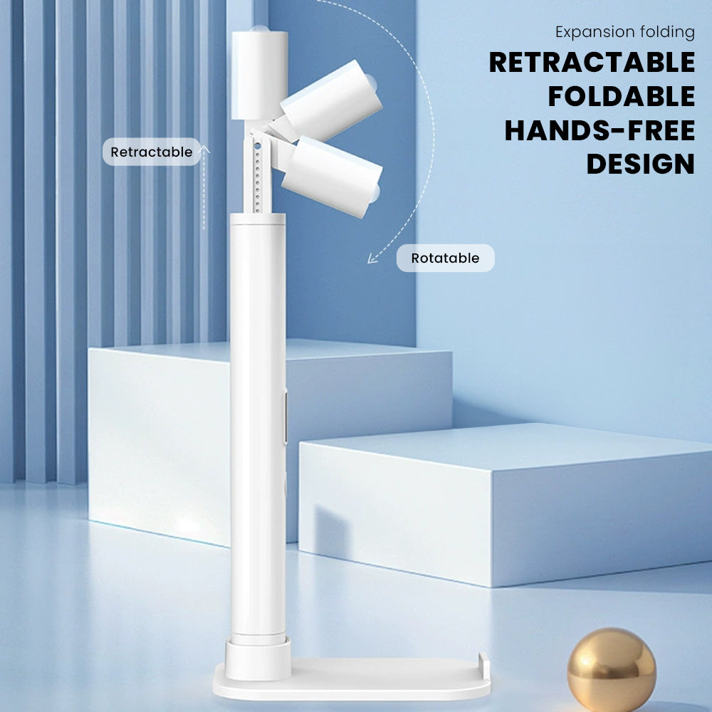 Retractable UV nail dryer lamp with adjustable arm, rotatable head, and white minimalist design on display stand
