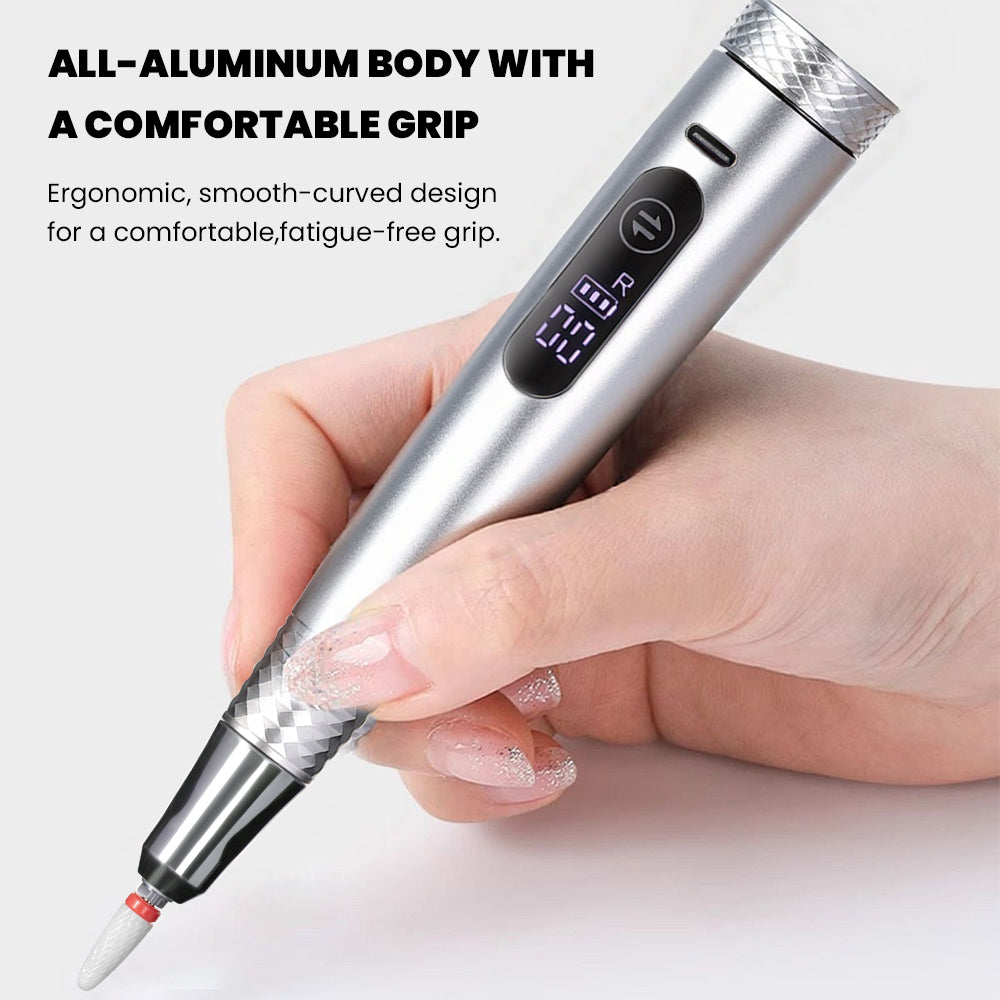 Ergonomic aluminum nail drill comfortable grip fatigue-free cordless electric manicure tool professional use
