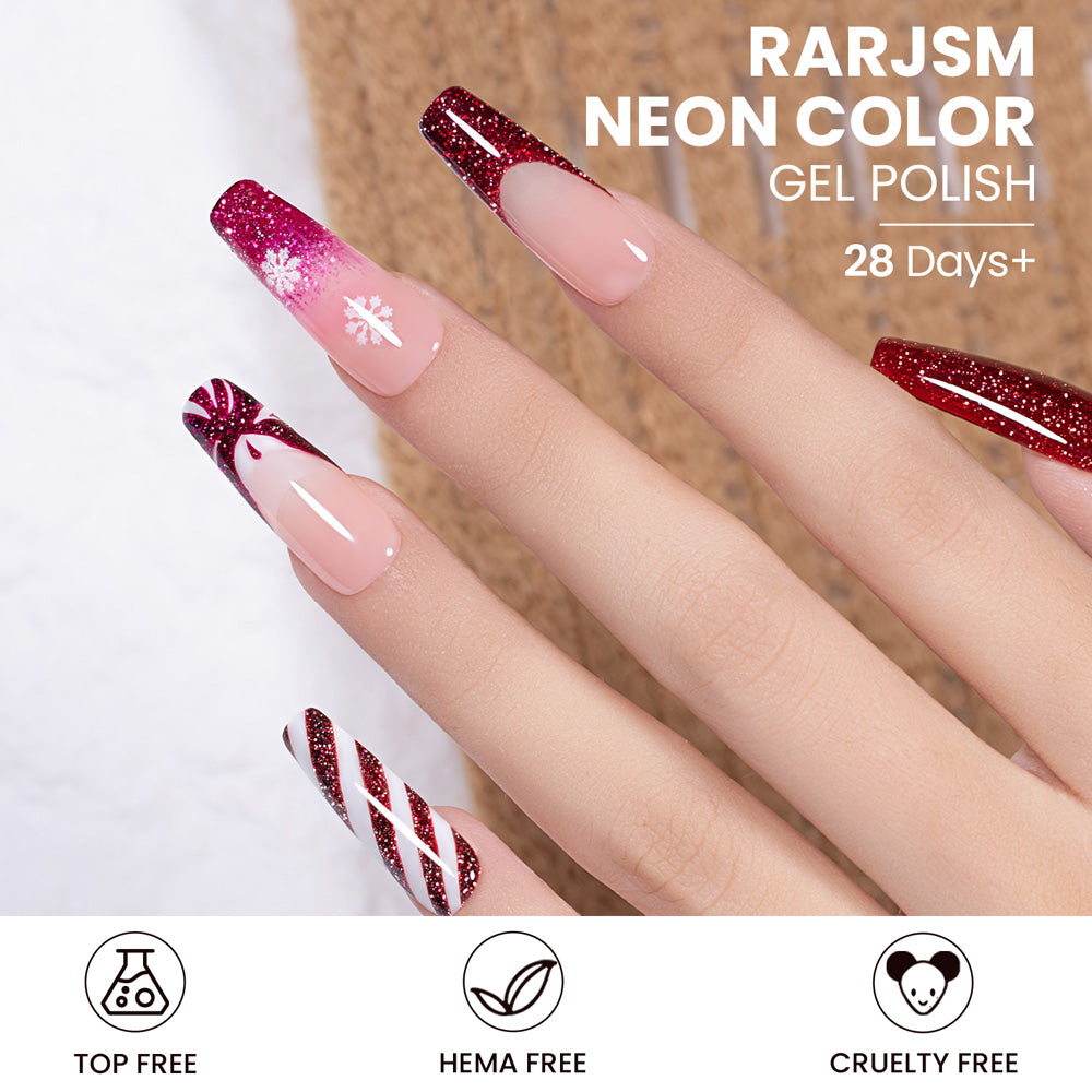 Christmas nail art with Starry Night red glitter gel polish snowflake design festive winter manicure HEMA TPO free
