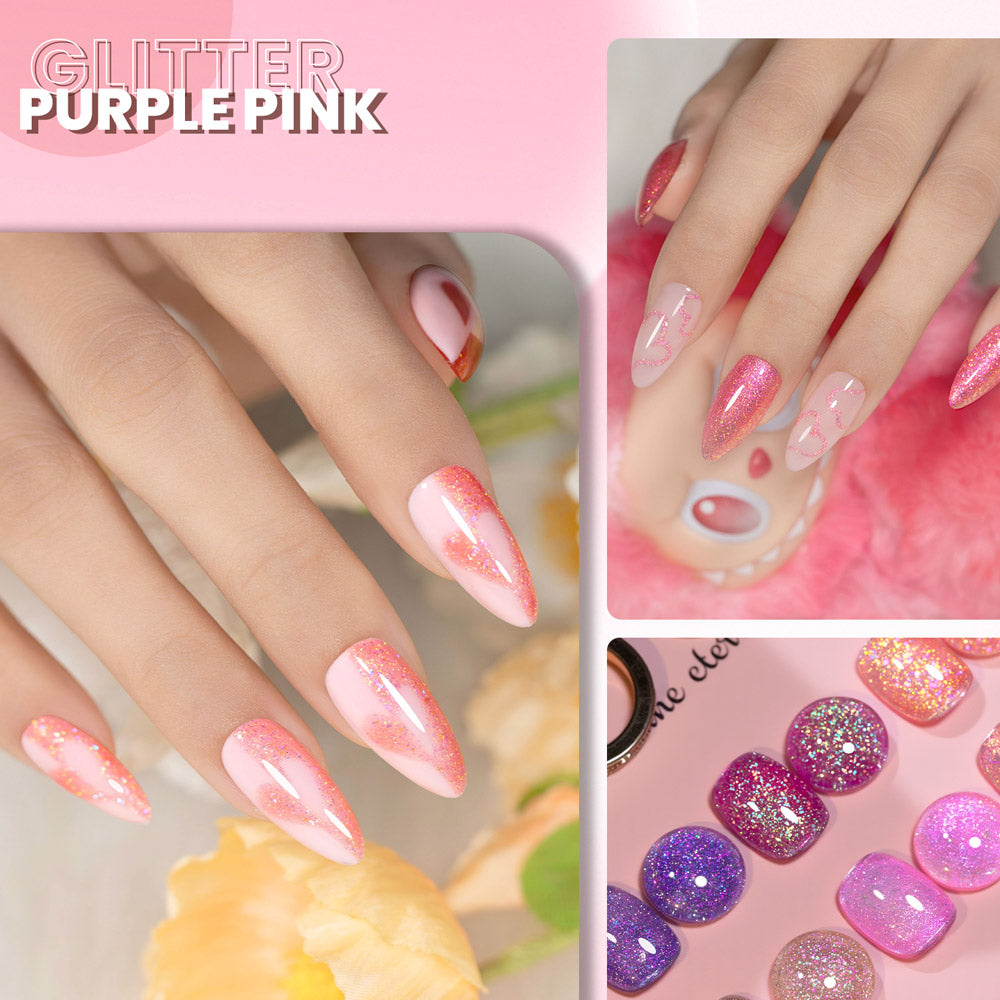 Ultra-dense purple pink glitter gel polish manicure gradient sparkle romantic Valentine nails 21 days lasting
