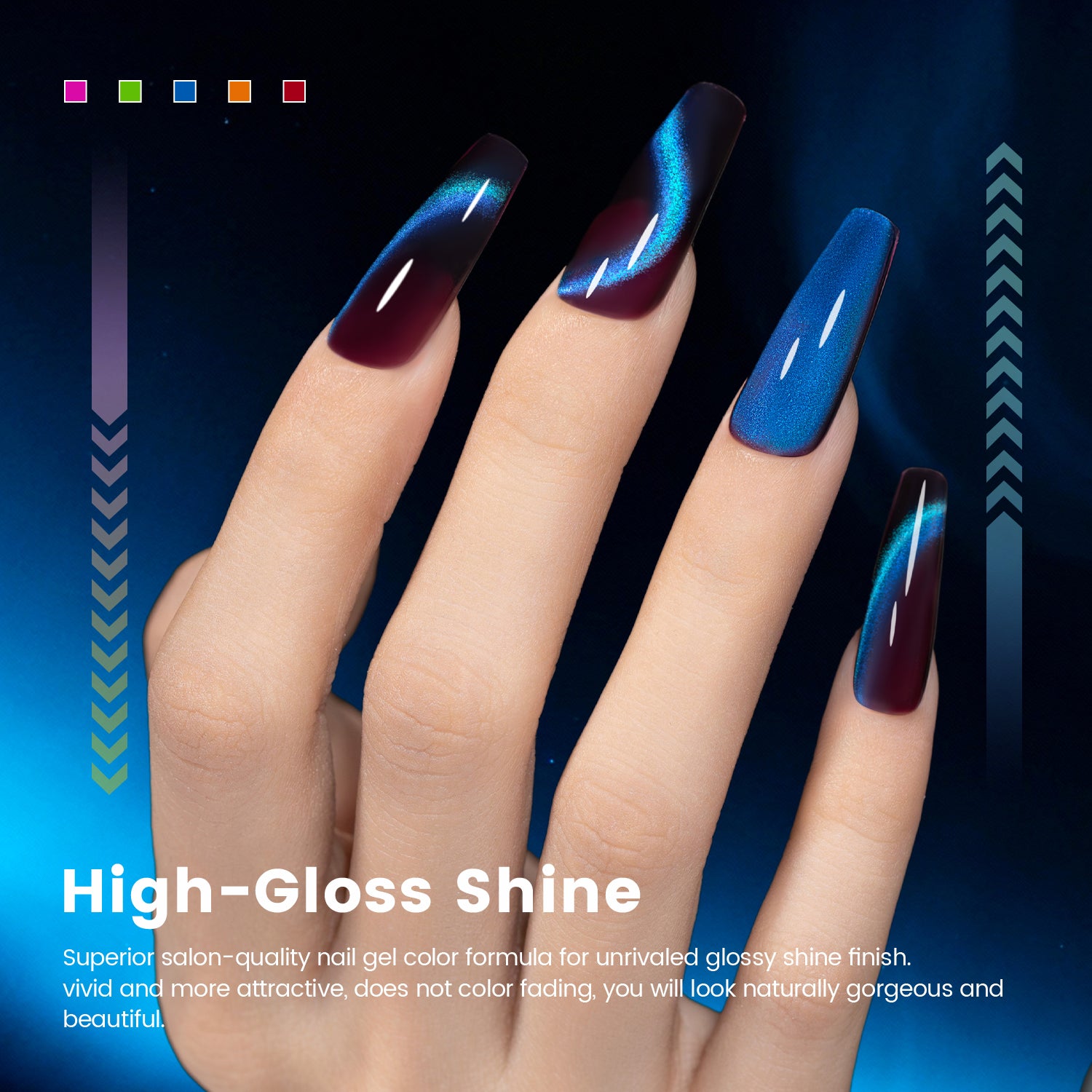 High-gloss shine blue aurora cat eye nails salon-quality glossy finish vivid attractive does not fade
