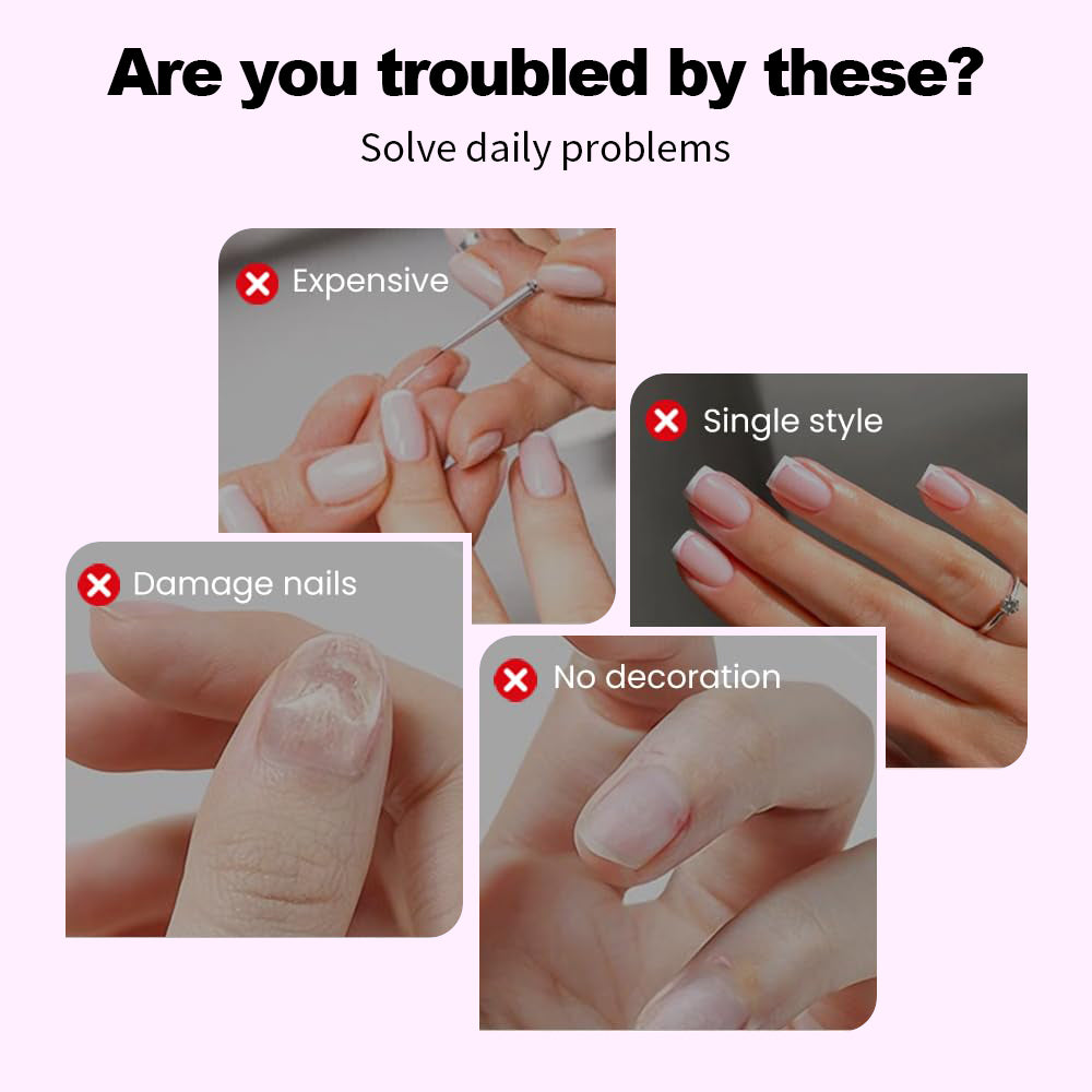 Common nail art problems comparison expensive salon visits single style damage nails no decoration versus RARJSM 8-in-1 solution affordable variety safe 