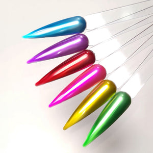 6-color metallic chrome mirror effect on long stiletto nails showing blue purple red pink yellow green shades, TPO HEMA free gel polish
