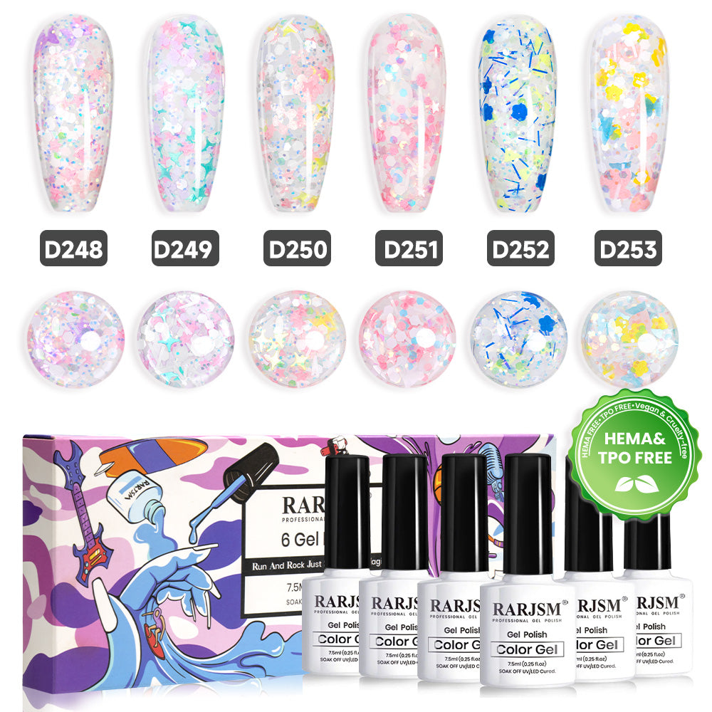 RARJSM Summer Blossom glitter gel polish 6 bottles 7.5ml D248-D253 HEMA TPO free vegan translucent confetti flower petals
