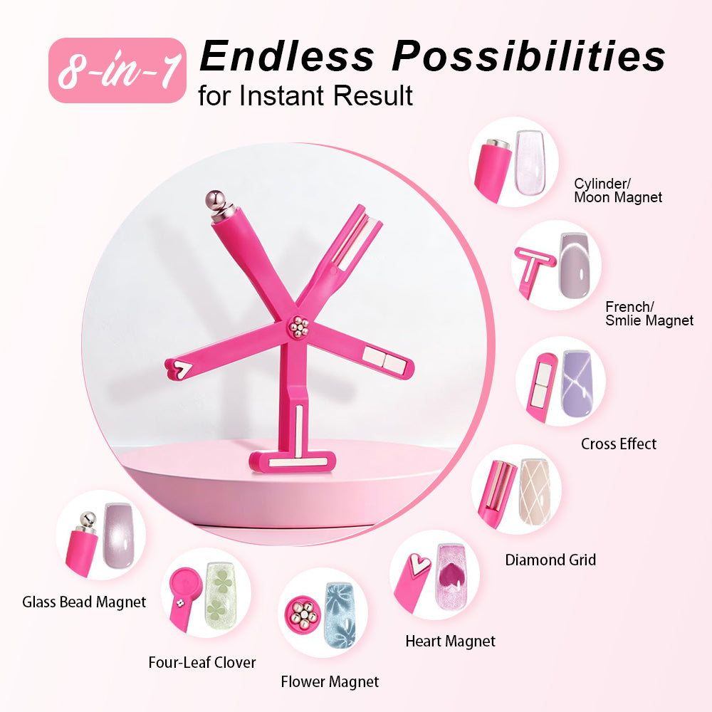 RARJSM 8-in-1 Starfish Magnet endless possibilities diagram showing all 8 magnetic tip options cylinder moon French smile T-pattern cross diamond grid glass bead four-leaf clover heart flower effects 