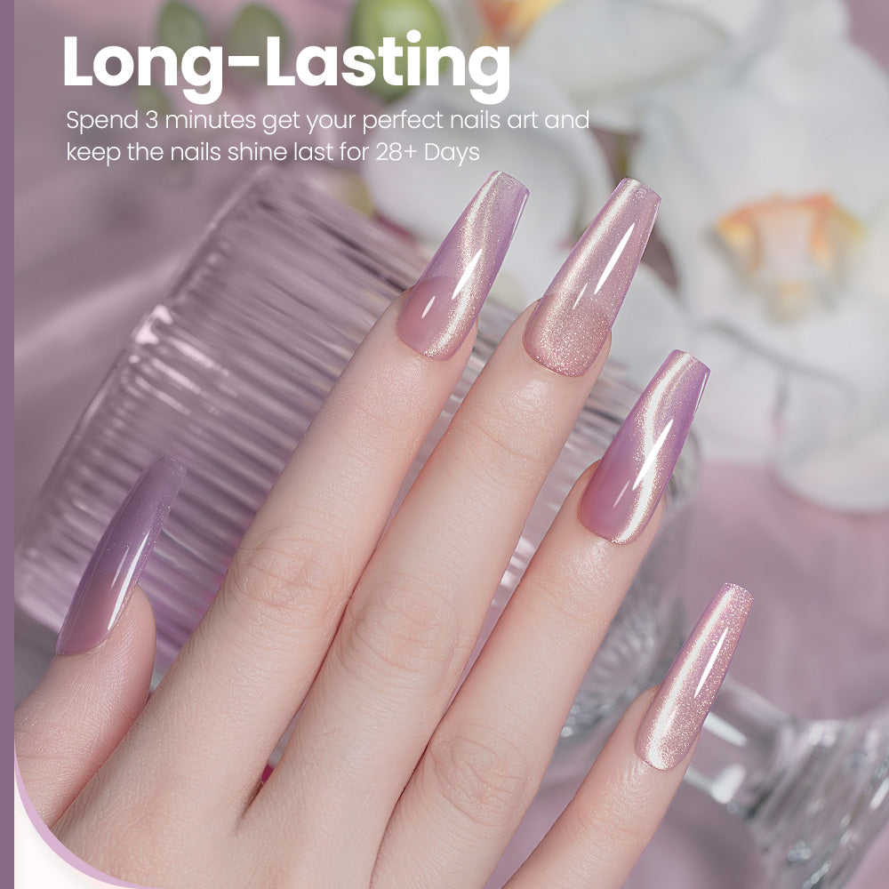 Long-lasting 28 days summer champagne cat eye gel polish perfect nails art keep shine rosé blush berry sparkle
