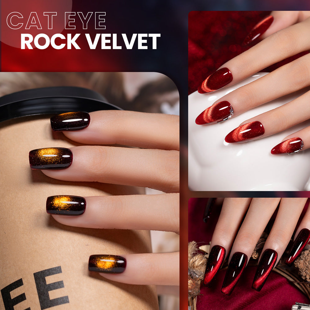 Rock Velvet cat eye gel polish on nails showing metallic shimmer molten lava effect autumn fall nail art
