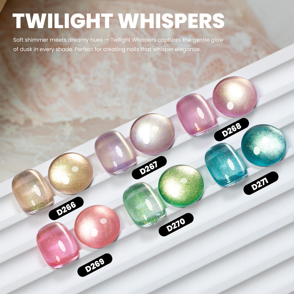 Twilight Whispers cat eye gel polish swatches 6 colors D266-D271 champagne lavender rose coral mint teal soft golden shimmer
