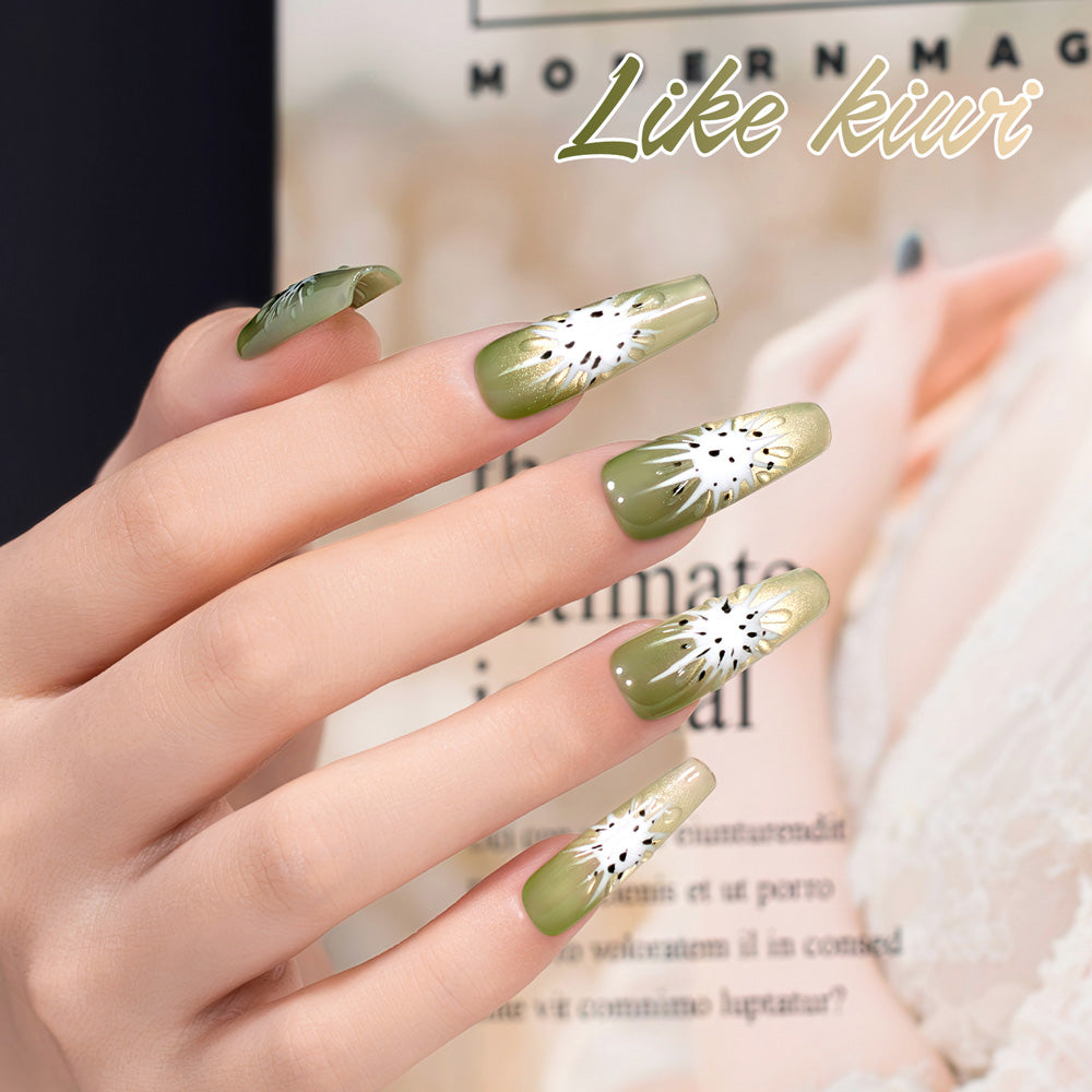 Like Dragon Fruit cat eye gel polish kiwi nail art design soft pearl shimmer pastel green fruit-themed playful manicure
