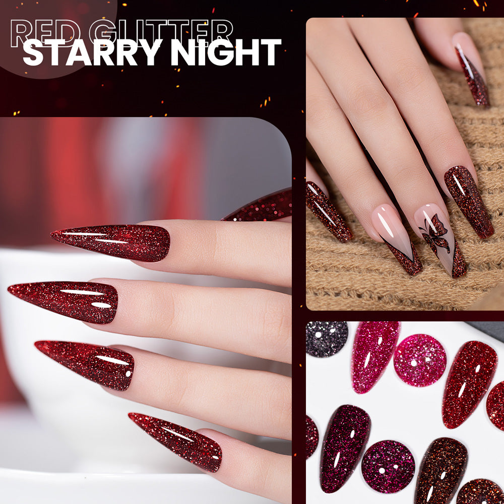 Starry Night red glitter gel polish on nails showing dense sparkle cosmic shimmer Christmas winter nail art
