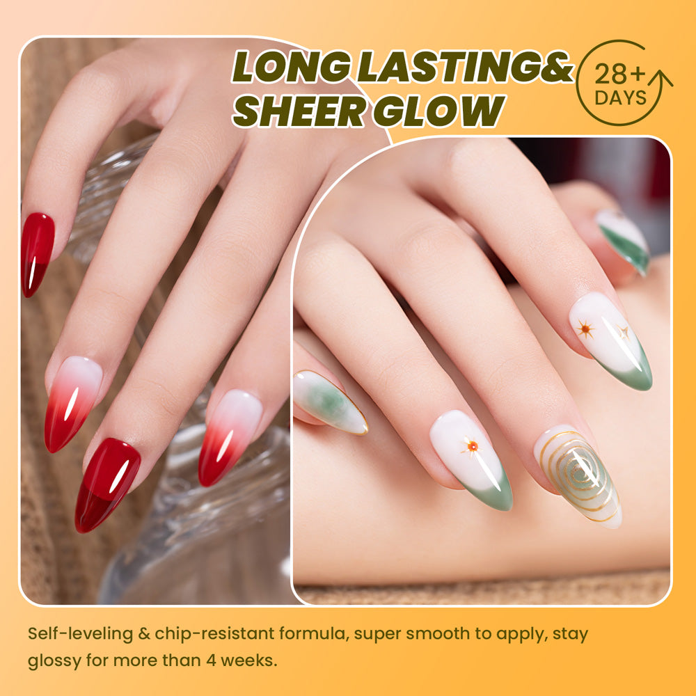 Jelly gel polish gradient French tips translucent sheer glow autumn fall nail art 28 days long-lasting HEMA TPO free
