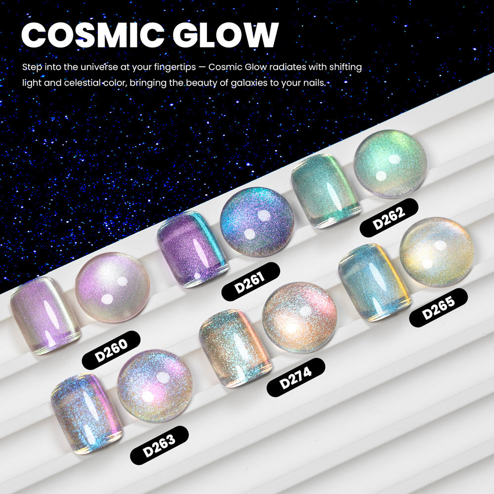 Cosmic Glow holographic glitter gel polish swatches 6 colors D260-D265 lavender aurora emerald opal sunset moonlight color shifting shimmer
