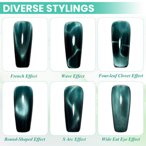 RARJSM 4-in-1 cat eye magnet diverse stylings six effects French effect wave effect four-leaf clover effect round-shaped effect S arc effect wide cat eye effect on dark teal nails
