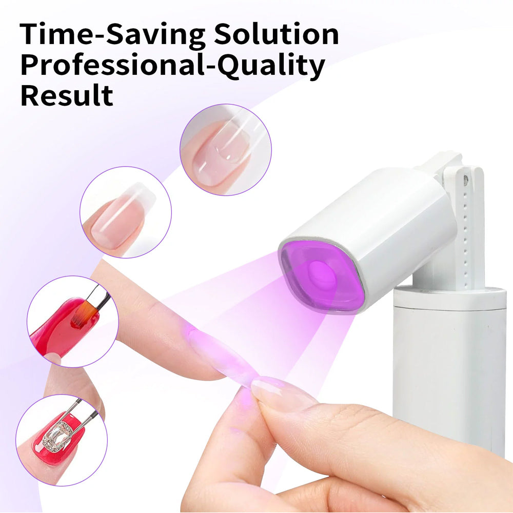 Hands-free UV nail lamp demonstrating foldable design, LED display timer, and professional nail art curing with phone stand
