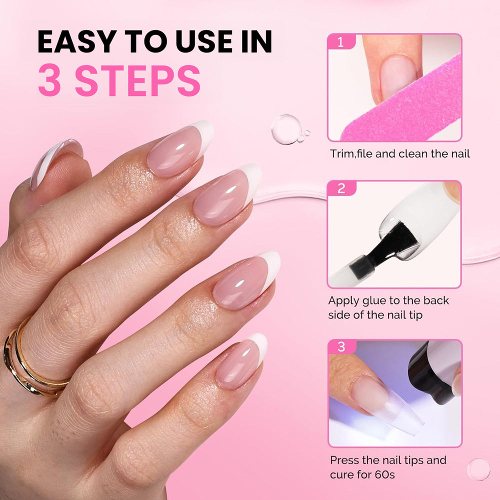 Easy 3 step gel nail application trim file clean apply base coat top coat cure 60 seconds HEMA TPO free
