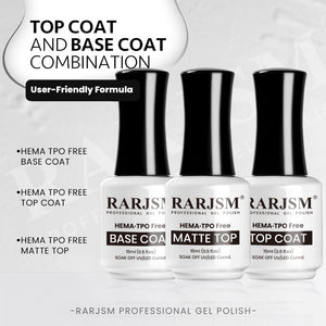 RARJSM Top Coat and Base Coat Combination - HEMA TPO FREE Base Coat Matte Top Shiny Top Coat User-Friendly Formula 15ml Professional Gel Polish
