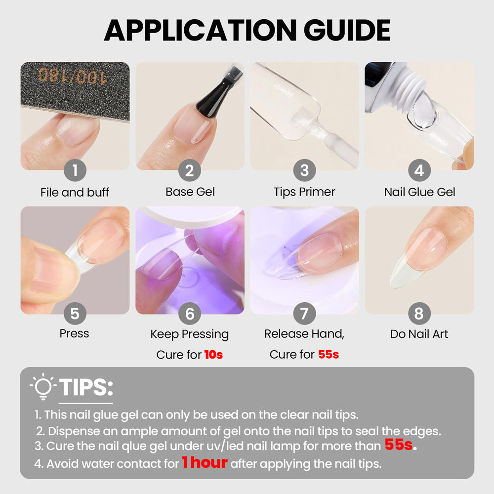 Application guide 8 steps file buff base gel tips primer nail glue gel press keep pressing cure 10s release hand cure 55s
