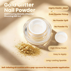 RARJSM gold glitter nail powder cushion bottle – highly elastic mesh, even pickup, no spill, no fly, high shine finish