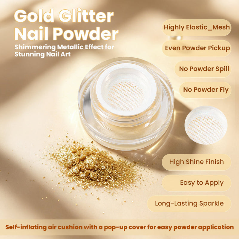 RARJSM gold glitter nail powder cushion bottle – highly elastic mesh, even pickup, no spill, no fly, high shine finish