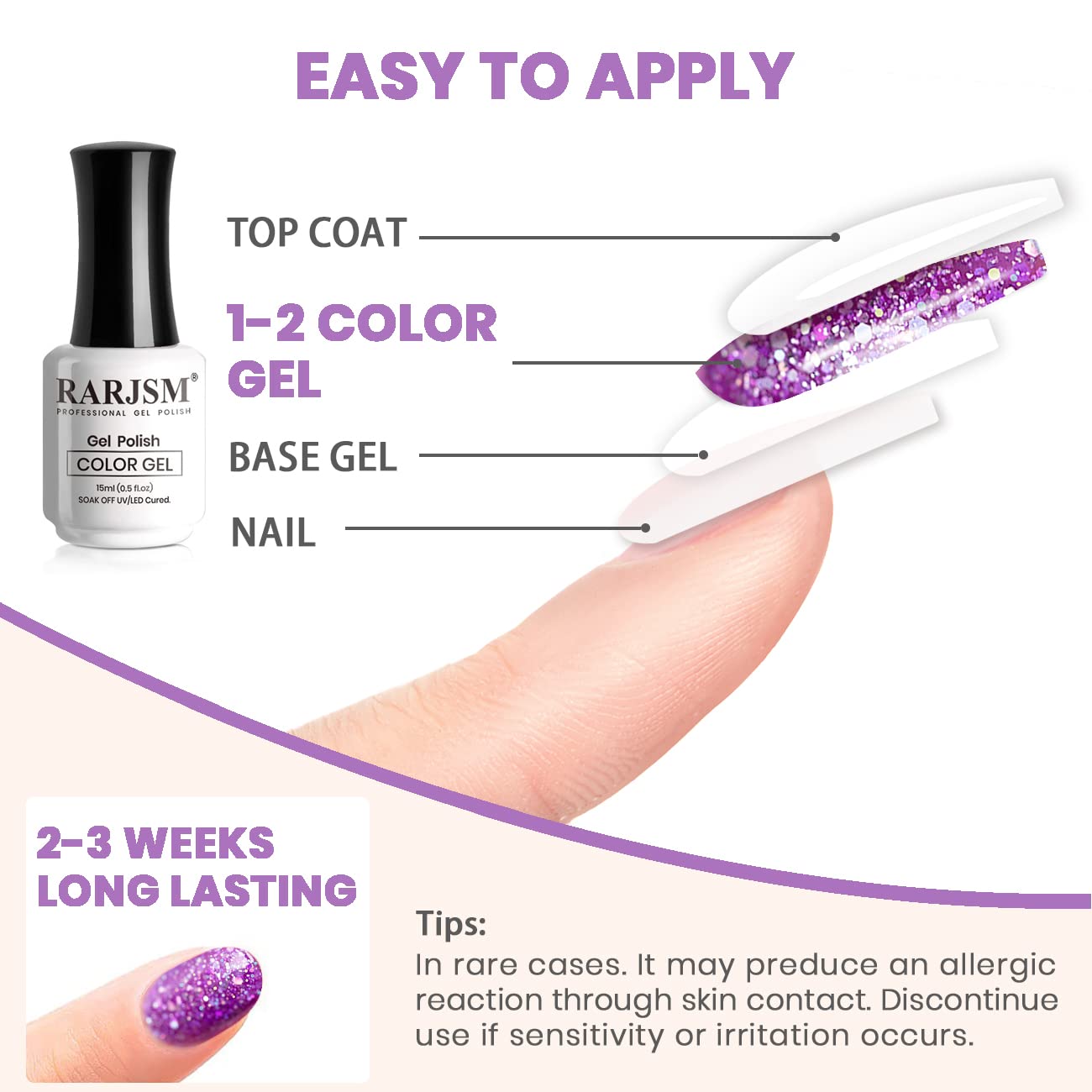 Purple glitter gel polish application guide 4 steps - base gel color gel top coat 2-3 weeks long-lasting
