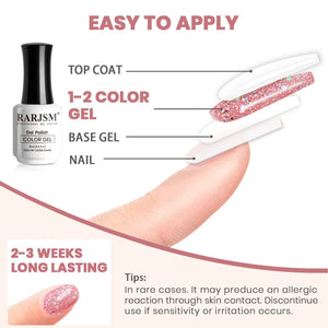 Rose gold glitter gel polish application guide 4 steps - base gel color gel top coat 2-3 weeks long-lasting safety tips
