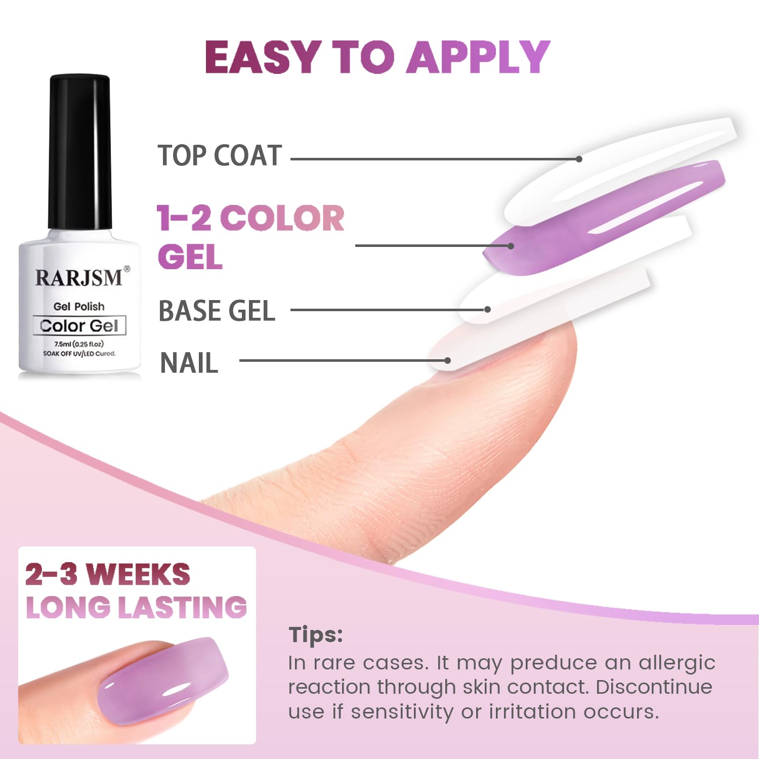 Easy application guide for rose garden jelly gel polish showing 4-step process with 2-3 weeks long-lasting wear
