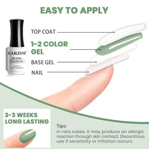 Mossy Meadow sage green gel polish application guide 4 steps - base gel color gel top coat 2-3 weeks long-lasting safety tips
