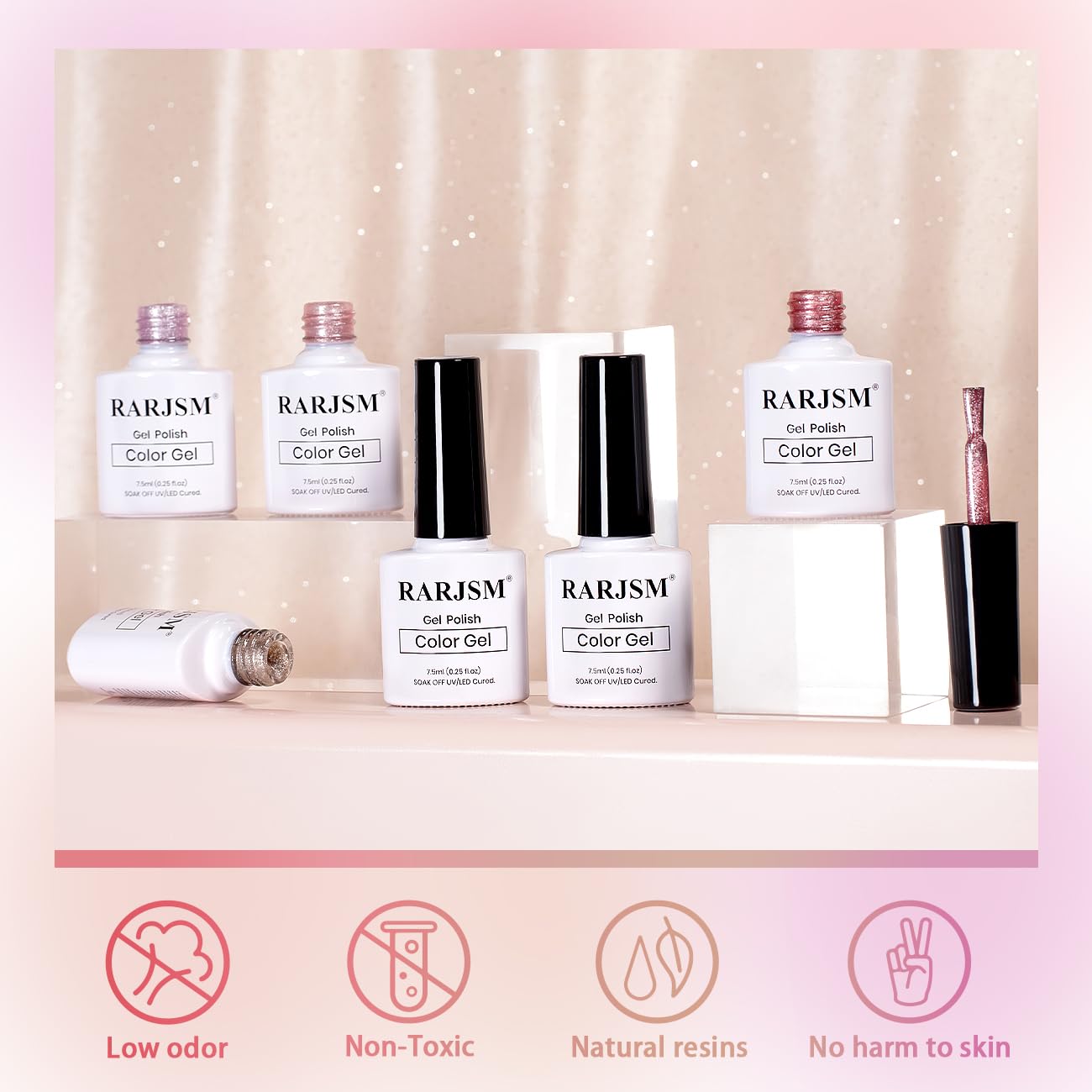 RARJSM professional gel polish bottles showing low odor, non-toxic, natural resins, no harm to skin features
