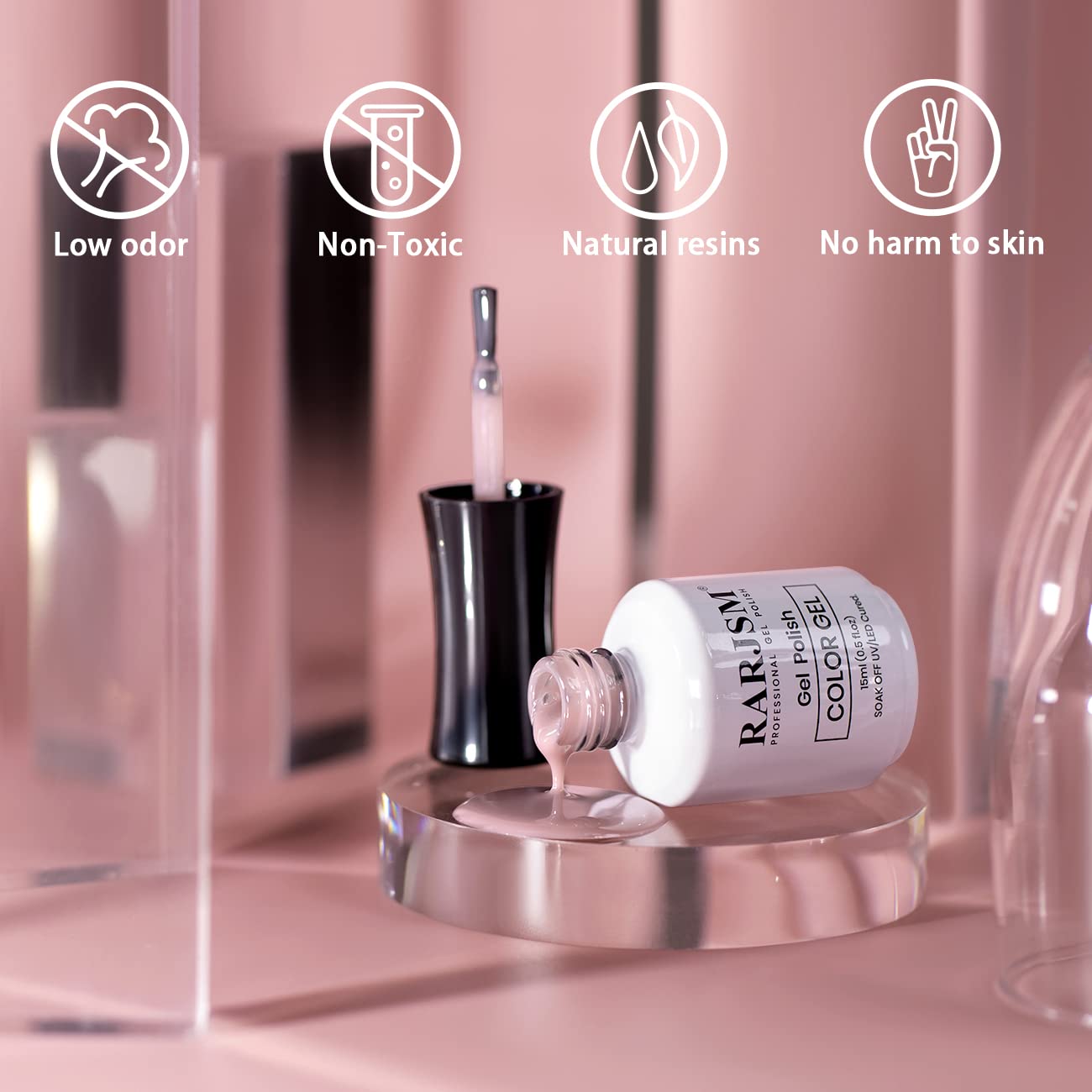 RARJSM gel polish safety features - low odor non-toxic natural resins no harm to skin TPO HEMA free certified
