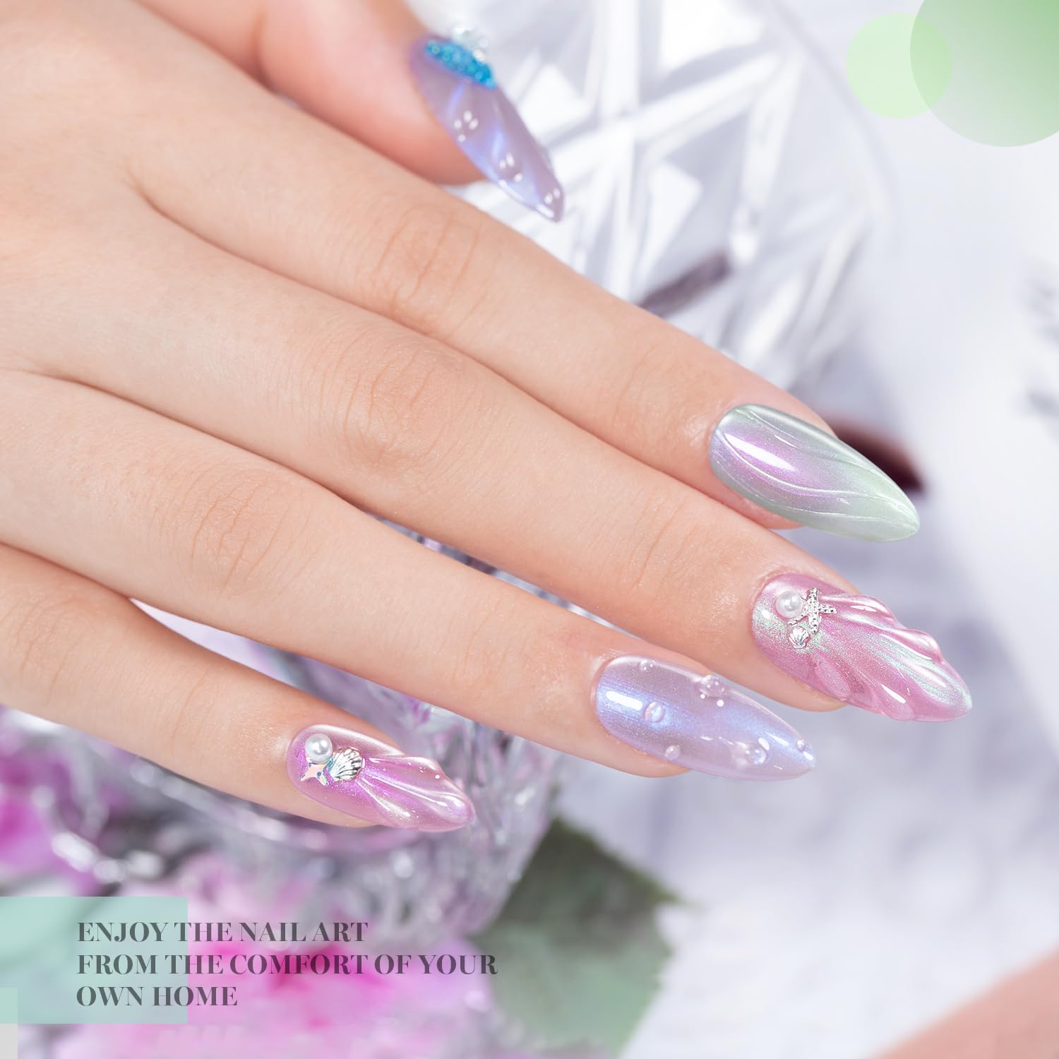Pearly sheer opal cat eye gel polish on square nails high-gloss glazed finish iridescent shimmer
