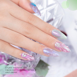 Pearly sheer opal cat eye gel polish on square nails high-gloss glazed finish iridescent shimmer
