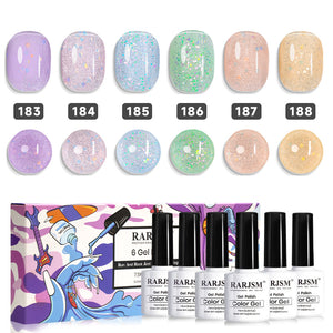 RARJSM 6-color iridescent jelly glitter gel nail polish set with pastel shades 183-188, TPO HEMA free formula
