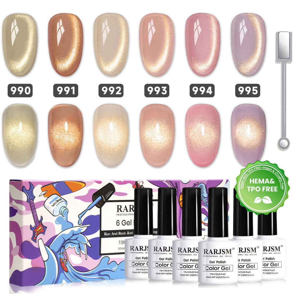 Golden horizon gold shimmer jelly gel polish set 990-995 showing 6 translucent colors nude bronze champagne rose pink purple with gold glitter, TPO HEMA free
