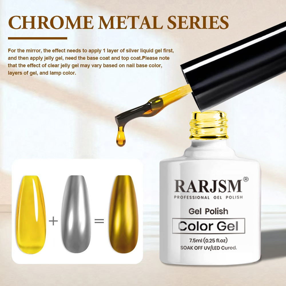 Before and after comparison: yellow jelly gel transformed into metallic gold chrome finish with silver painting gel application
