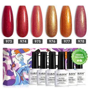 Colorful fallen leaves nude gold glitter gel polish 6 bottles with HEMA TPO free certification and rock music theme packaging for autumn
