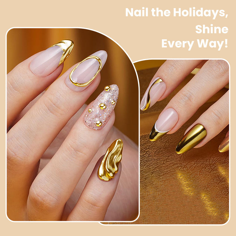 RARJSM gold chrome nail powder nail the holidays shine every way – gold French tip and full mirror gold nail art