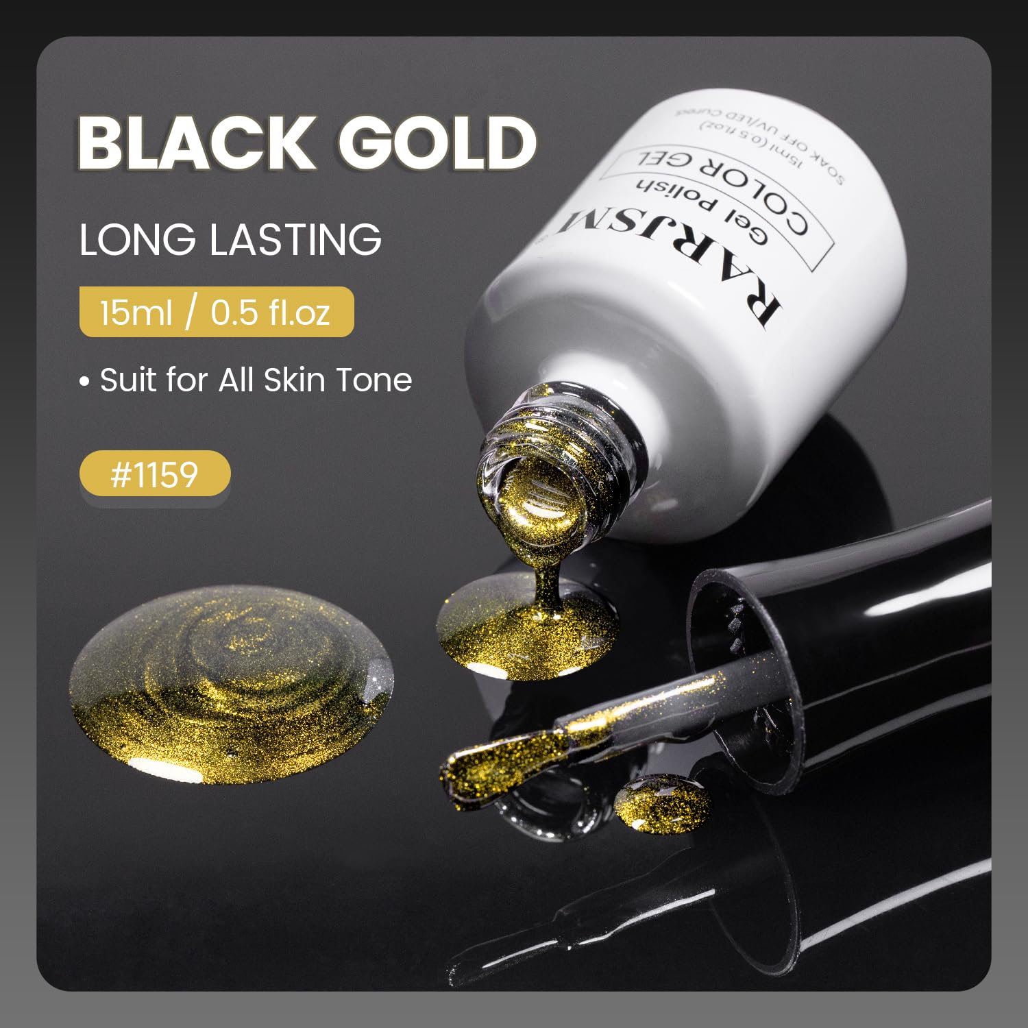 Black gold ceramic gel polish 15ml 0.5 fl.oz RARJSM HEMA TPO free metallic gold shimmer
