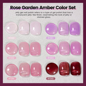 Rose garden amber jelly gel polish set 1040-1045 showing 6 translucent pink purple wine gradient shades, TPO HEMA free
