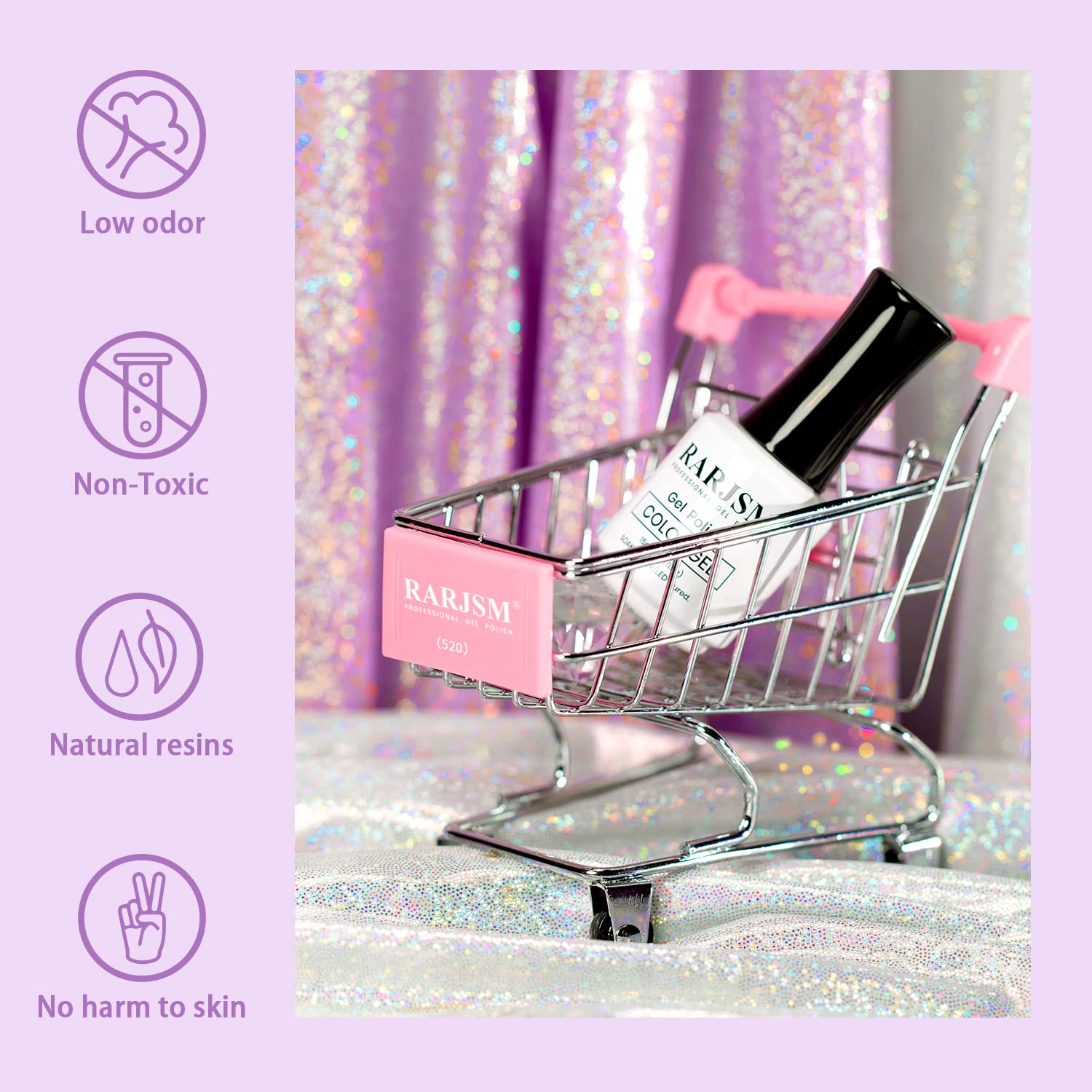 RARJSM gel polish in shopping cart - low odor non-toxic natural resins no harm to skin safety features
